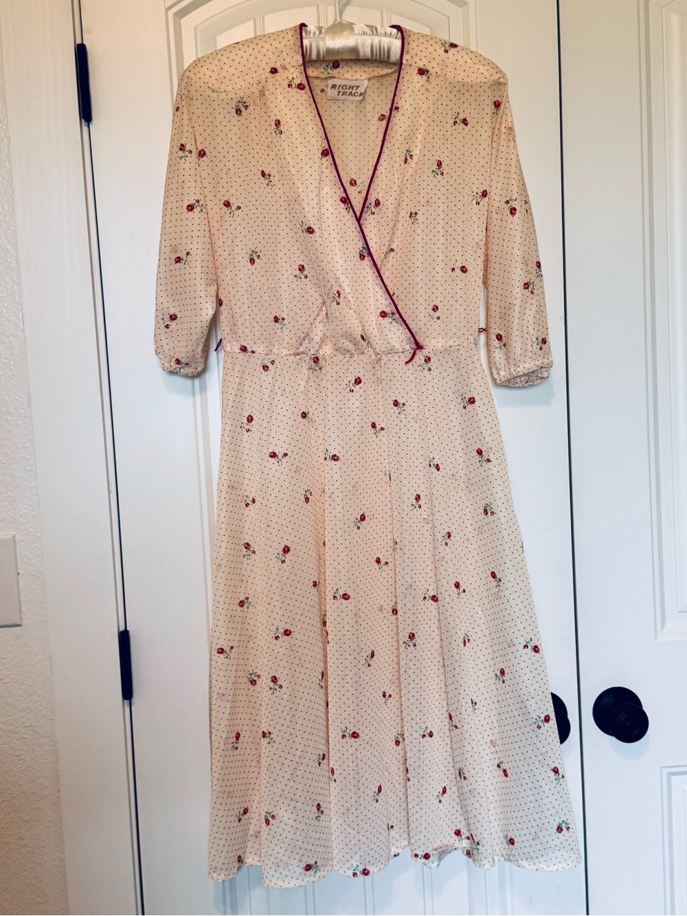 70s Vintage Sheer Criss Cross Bust Red White Floral Secretary Midi Dress S/M